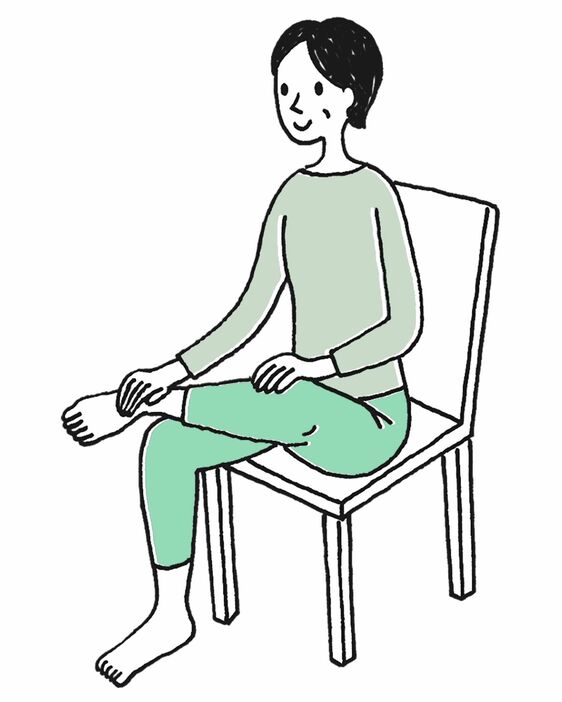 （１）イスに座って背筋を伸ばす。左足の外くるぶしを右太ももの上に置き、左手を左ひざの上に添える
