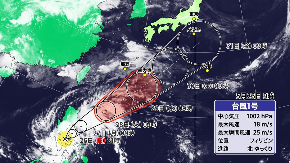 26日(日)午前9時現在の台風1号の位置と予想進路
