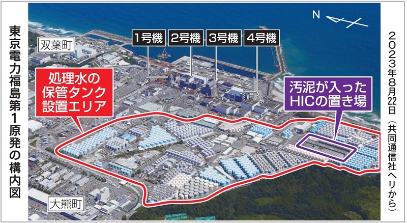 東京電力福島第１原発の構内図２０２３年８月２２日（共同通信社ヘリから）