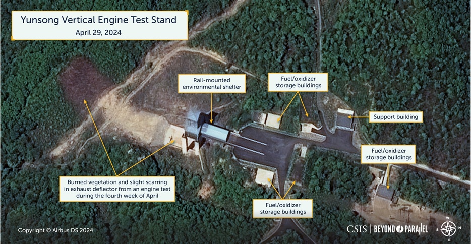 4月29日に撮影された北朝鮮北西部東倉里にある西海衛星発射場の衛星写真（CSIS/Beyond　Parallel/（C）Airbus　DS　2024提供・共同）