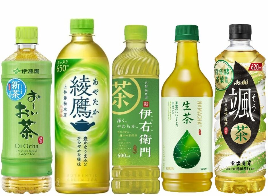 緑茶飲料の主要ブランド。左から「お～いお茶」「綾鷹」「伊右衛門」「生茶」「颯」