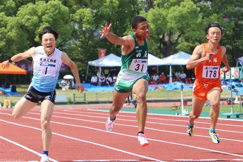 大阪府大会男子100m決勝。左から2位の西岡、1位のアブラハム、4位の尾﨑瑛多（泉陽）