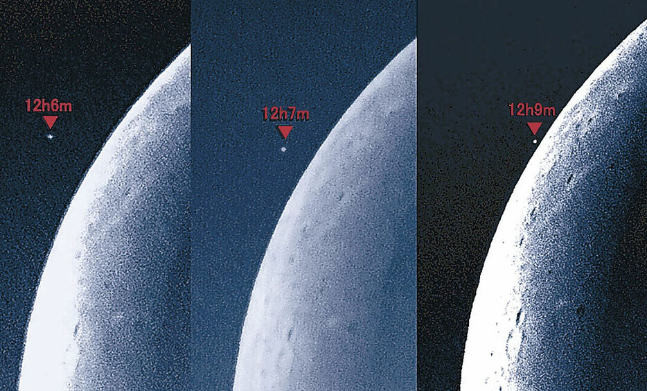 吉尾さんが撮影した火星食の様子（赤い印が示す点が火星、右側は月）。左から右へ月に接近＝５日午後０時９分ごろ