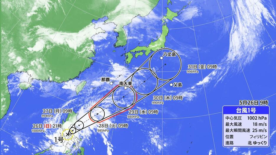 26日(日)午前9時現在の台風1号の位置と予想進路