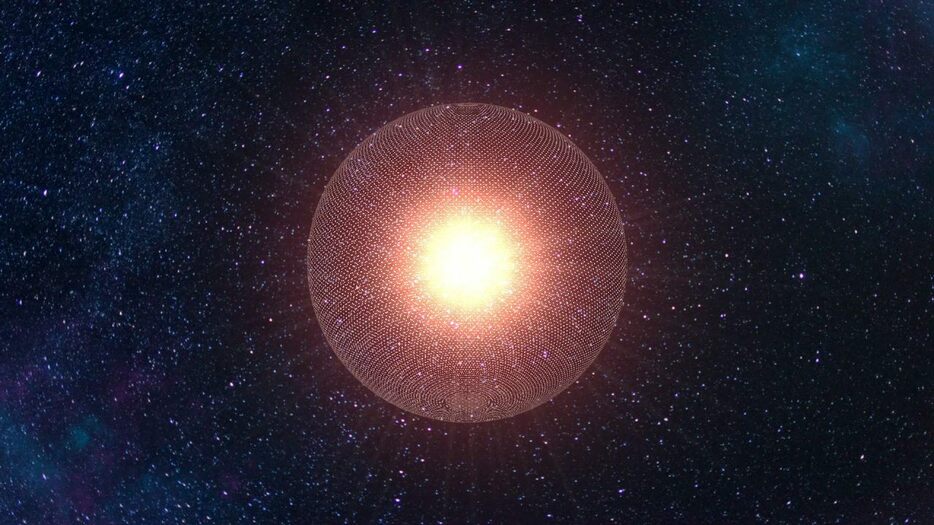 完成したダイソン球の予想図。力学的な制約により、ダイソン球は完全な球殻ではなく、連結されていない小さなパーツが無数に恒星を取り囲む構造をしていると予想されます。