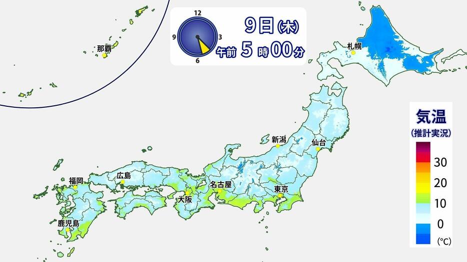 9日(木)午前5時時点の気温分布