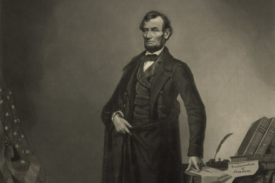 エイブラハム・リンカーンの頭部を、過去に作成されたジョン・C・カルフーンの肖像の体と背景に重ねて作られた写真。（COMPOSITE PRINT BY WILLIAM PATE-COURTESY LIBRARY OF CONGRESS）