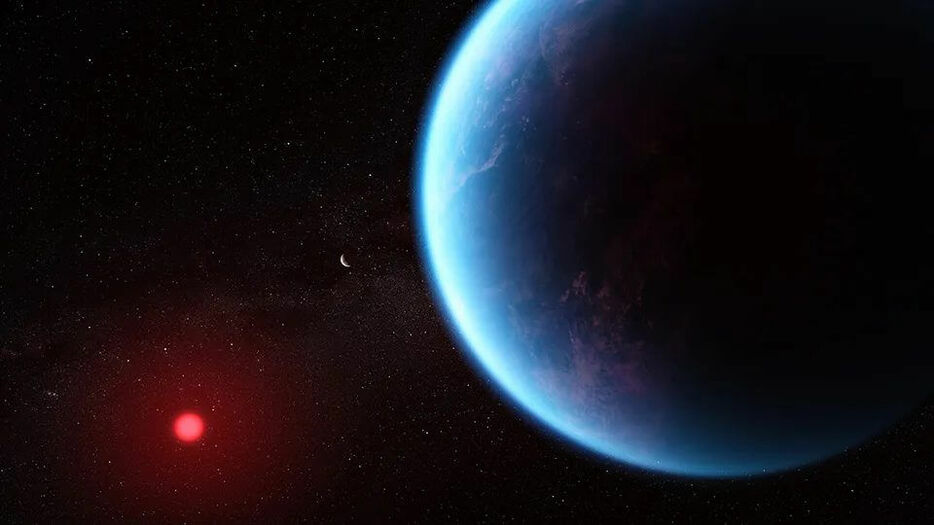 赤色矮星K2-18 (左側の赤色の天体) の周りを公転するK2-18b (右側の青色の天体) の想像図。K2-18の周りには、他に別の惑星であるK2-18c (中央の褐色の天体) も公転しています。