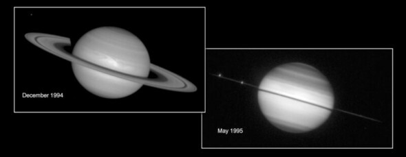 1995年にハッブル宇宙望遠鏡でみた土星。土星の環が水平を形成している=NASA提供