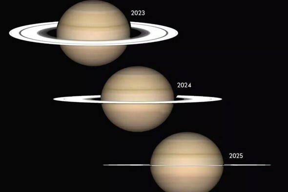 2023～2025年の間に地球からみた土星の環が次第に薄くなっていく様子を表現した図=NASA提供