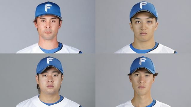 左上から日本ハムの上原健太投手、山本拓実投手、左下から堀瑞輝投手、福島蓮投手