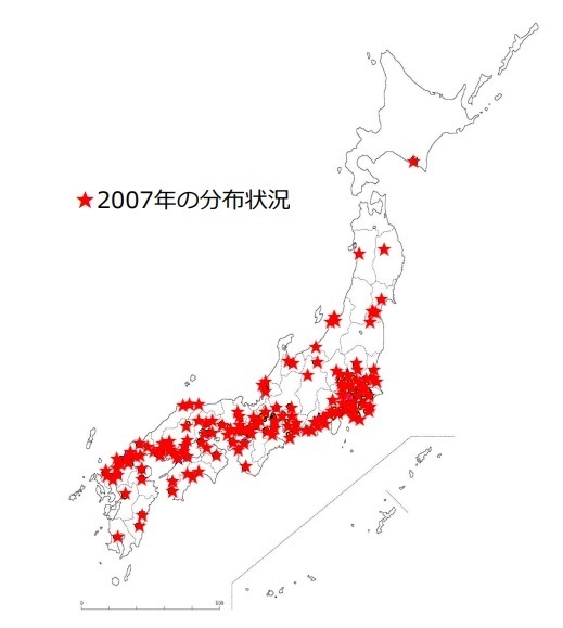 日本国内の2007年当時のナガミヒナゲシの分布状況。現在ではさらに広がっている可能性もあるそうです