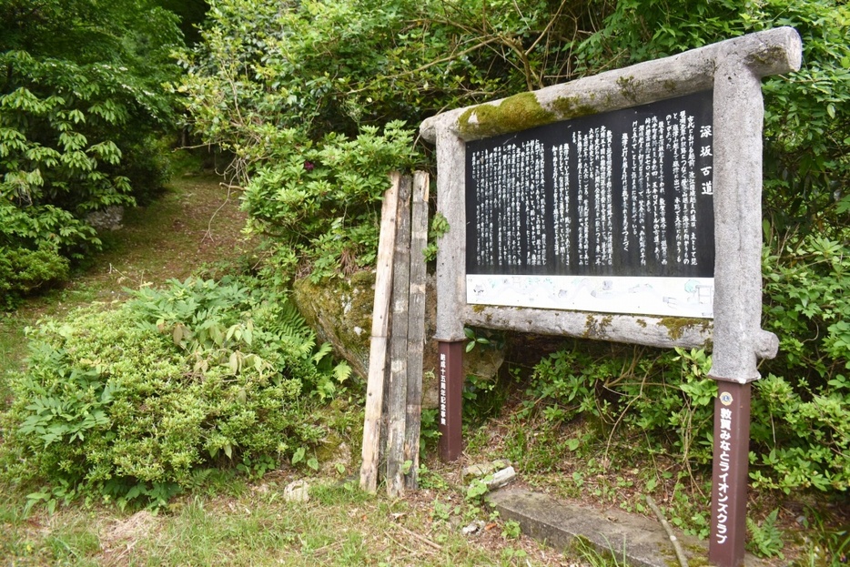 敦賀と琵琶湖北岸を結んだ「深坂古道」の入り口に立つ案内板。紫式部が塩津山を越えたときの歌も紹介されている＝福井県敦賀市追分