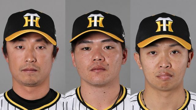 左から阪神・島本浩也投手、小野寺暖選手、島田海吏選手
