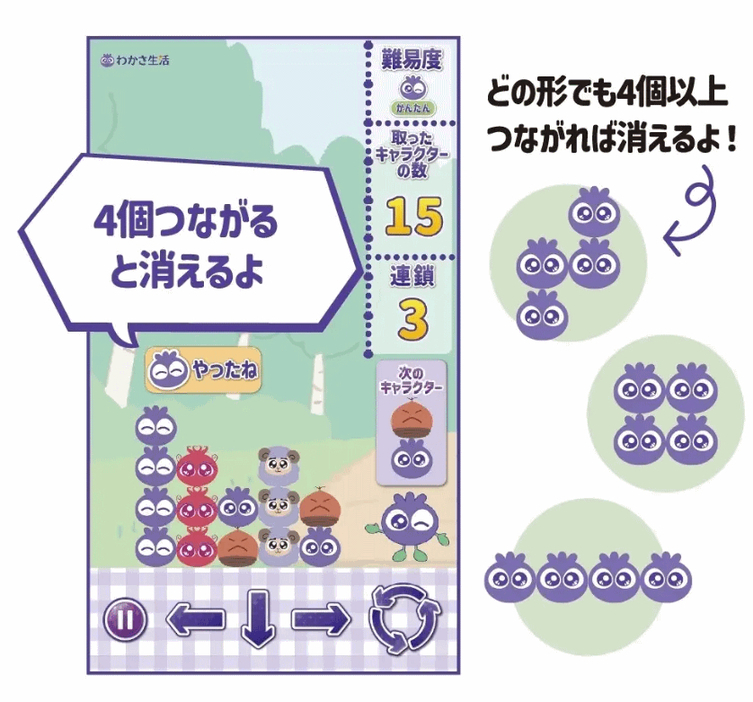 上から落ちてくるブルブルくんなどを4個以上つなげて消していく