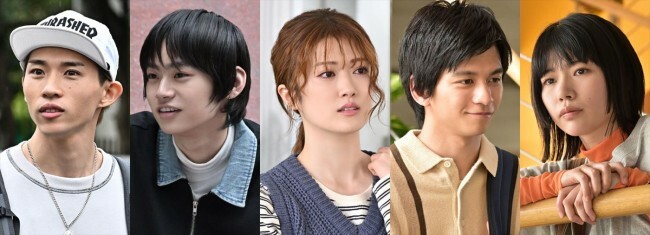 ドラマ『さっちゃん、僕は。』に出演する（左から）平野莉玖、のせりん、樋口日奈、田中偉登、葵うたの