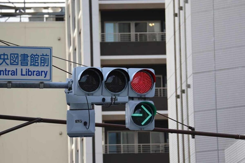 右折用の矢印式信号機の例