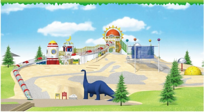 恐竜形の滑り台をモニュメントとして整備する太陽の丘公園のイメージ