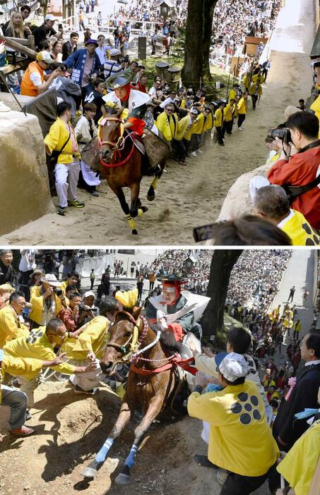 多度大社の「上げ馬神事」で坂を駆け上がる馬（上、4日）と、2019年の神事で土壁越えに挑む馬＝三重県桑名市