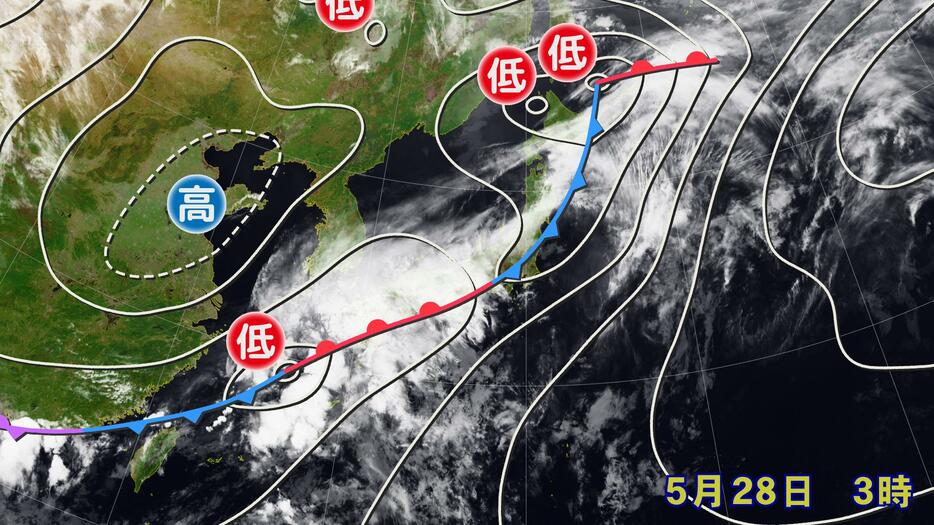 28日(火)午前3時の雲の様子と実況天気図