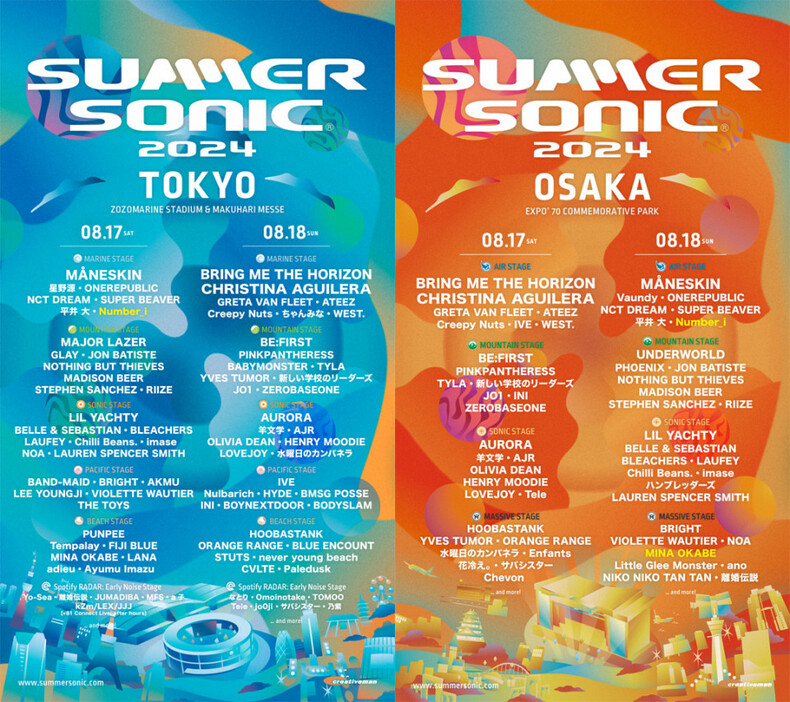 『SUMMER SONIC 2024』東京（左）、大阪（右）公演ラインナップ