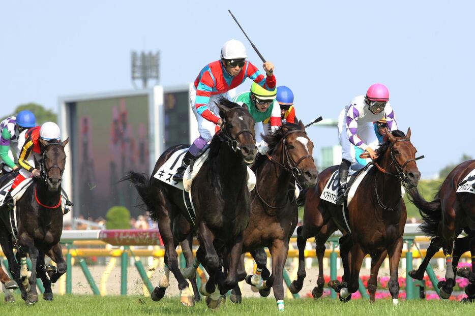 日本ダービーの直線。エピファネイアを差しきって優勝＝2013年5月26日（写真：中原義史/アフロ）