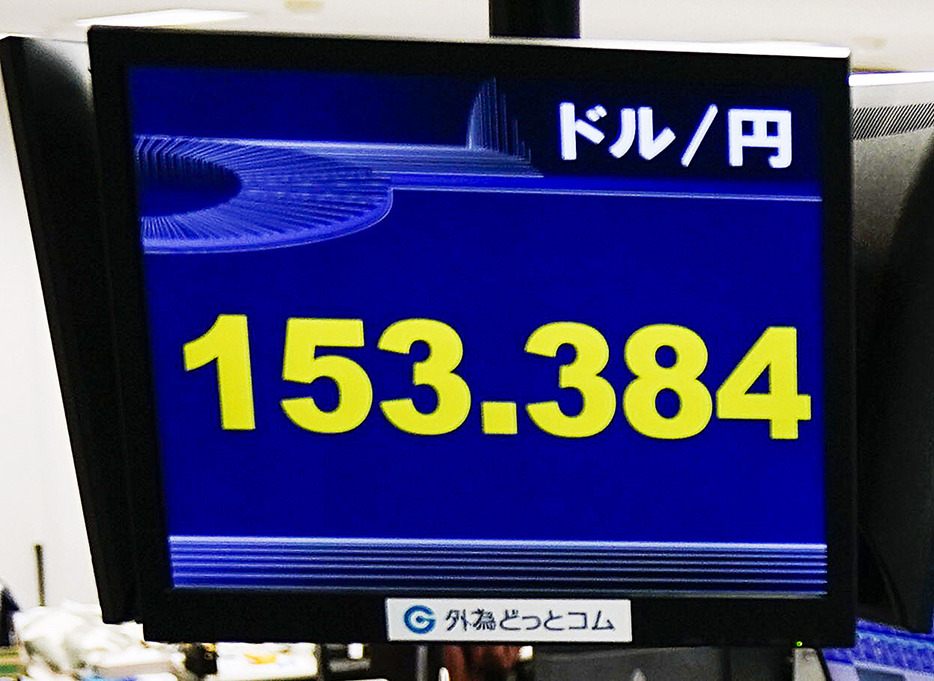 一時1ドル＝153円30銭台後半を付けた円相場を示すモニター＝12日午後、東京都港区の外為どっとコム