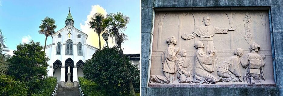 （左）1864年に完成した大浦天主堂（国宝）。現存するキリスト教建築物としては日本最古（右）信徒発見の場面を再現したレリーフ。1965年、信徒発見100周年を記念して、大浦天主堂の階段近くの庭に建立された　写真＝天野久樹