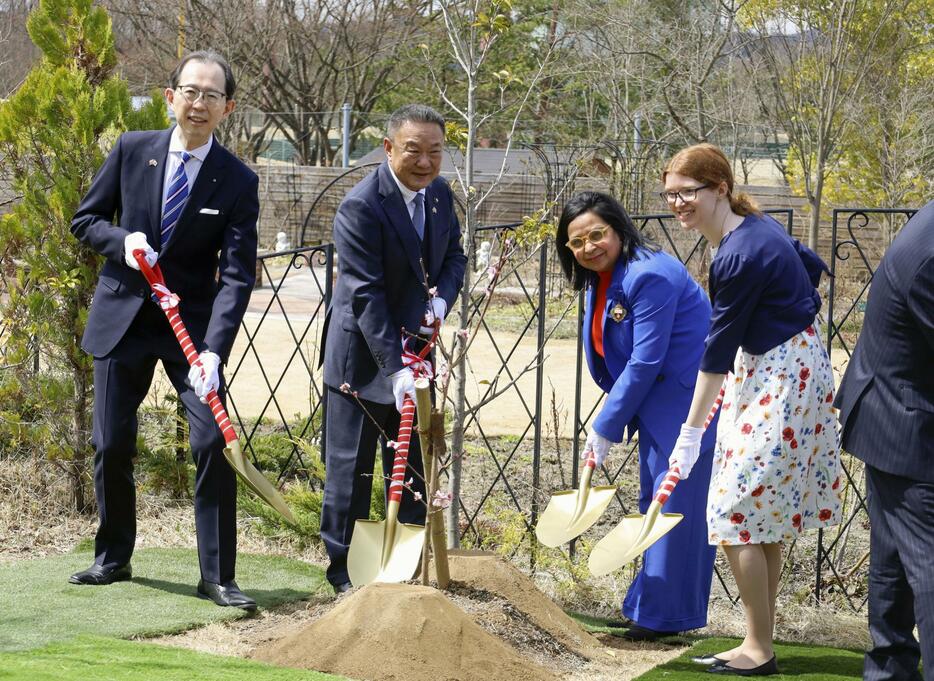 福島県本宮市と英ロンドンのケンジントン・チェルシー王室特別区の友好協定を記念し、同市の公園で行われた植樹＝4日午前