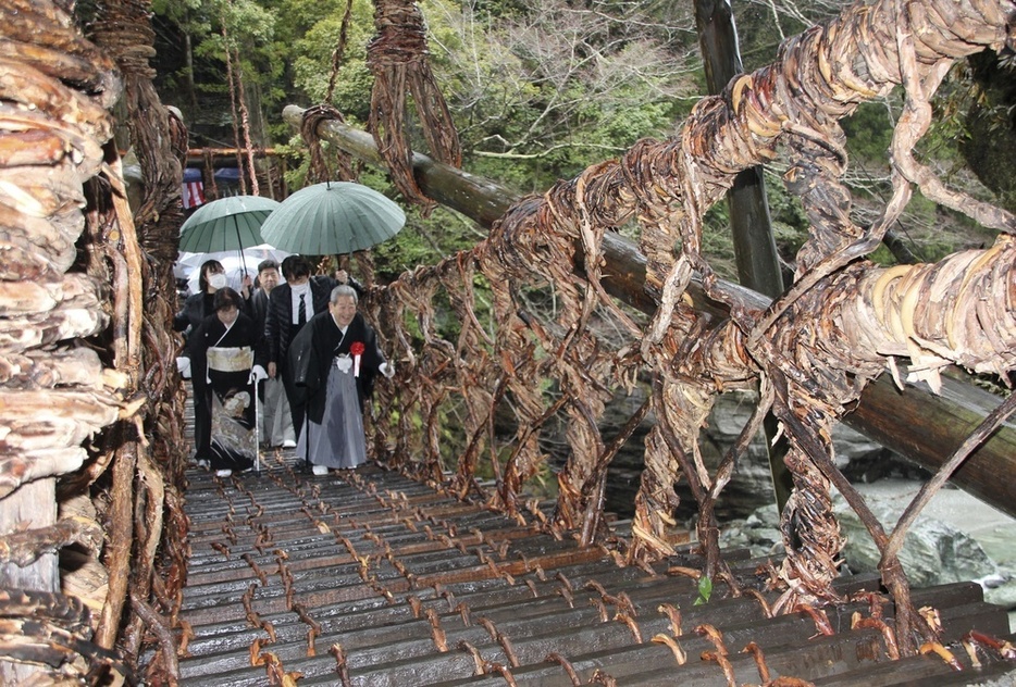 架け替え工事が終わった「祖谷のかずら橋」の渡り初めをする人たち＝2月下旬、徳島県三好市