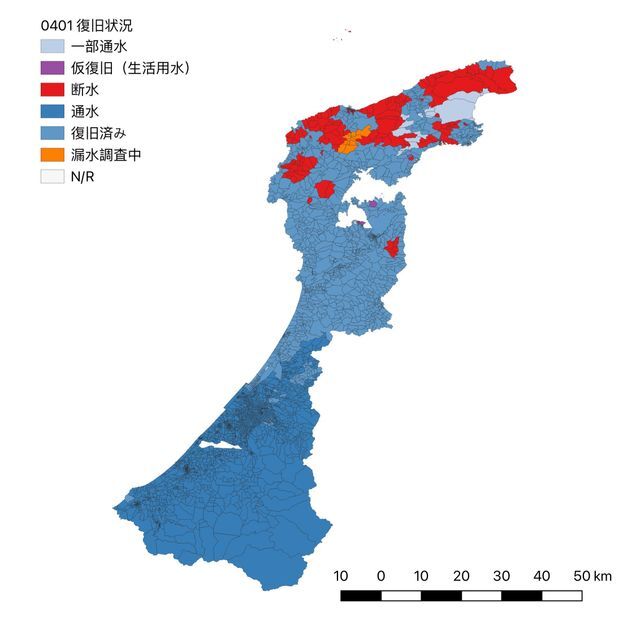 4月1日現在の水道の復旧状況（地図作成：名古屋大学・平山研究室）