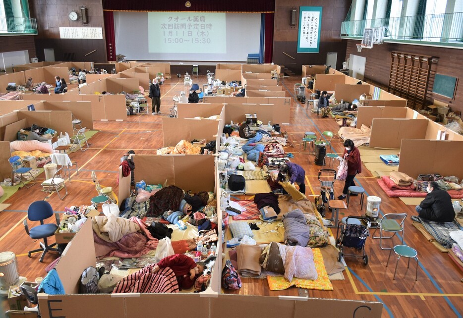 中学校の体育館に設置された1次避難所＝2024年1月11日、石川県能登町（写真：毎日新聞社／アフロ）