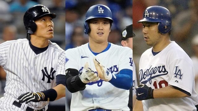 左から松井秀喜さん(写真:ロイター/アフロ)、ドジャースの大谷翔平選手、野茂英雄さん(写真:AP/アフロ)