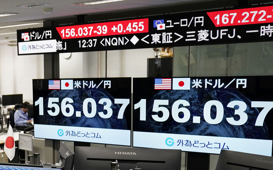 一時1ドル＝156円台まで下落した円相場を示すモニター＝26日午後、東京都港区の外為どっとコム