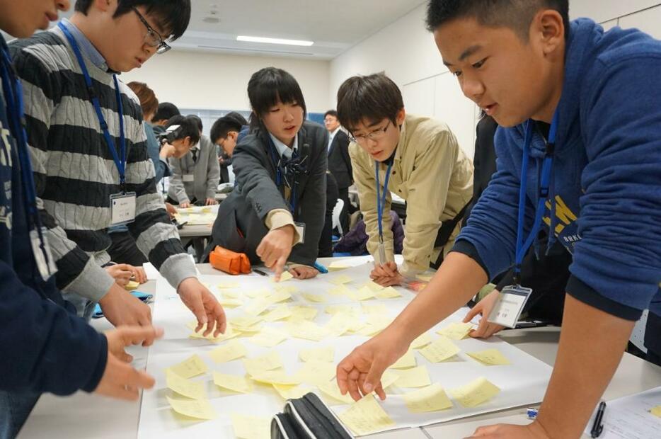 [写真]付箋を活用しながら意見をまとめる3校の生徒ら＝福島市