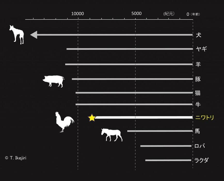 動物の家畜化の起源。National Geographic（March， 2011）をもとに作成。（図：T. Ikejiri）