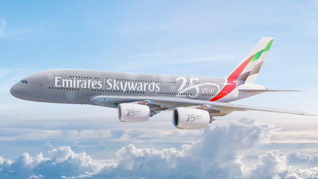 エミレーツ航空、銀色のA380特別塗装機 スカイワーズ25周年で10