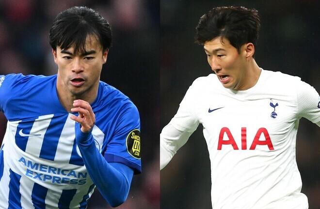 三笘（左）とソン・フンミン（右）。日本のエースと韓国の主将がアジアカップ決勝の真裏で激突なるか。(C)Getty Images
