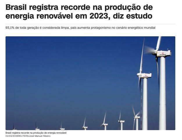 ブラジル、再生可能エネルギー生産で記録更新（1日付CNNブラジルの記事の一部）