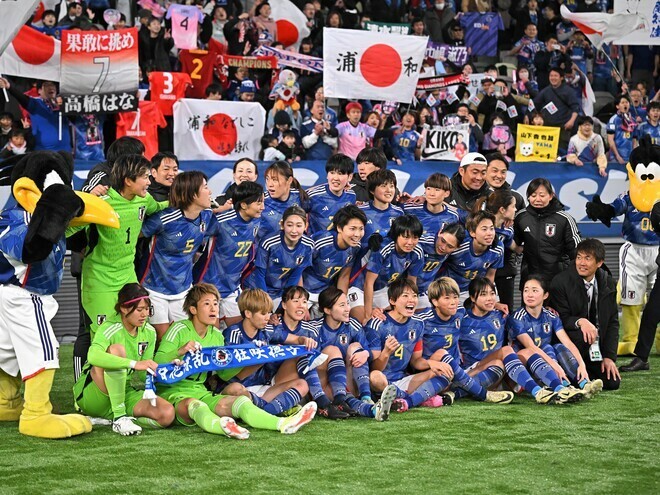２大会連続の五輪出場を決めた、なでしこジャパン。写真：金子拓弥（サッカーダイジェスト写真部）
