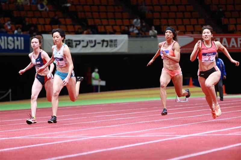 24年日本選手権室内女子60m決勝。鶴田が1位、兒玉が2位、君嶋が3位