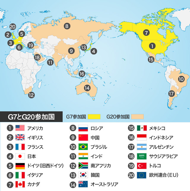 ［地図］G7とG20に参加する国・地域