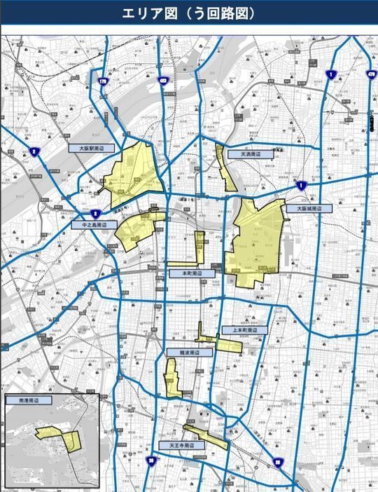 ［図］一般道、大阪市内9か所で交通規制図（提供：大阪府警）