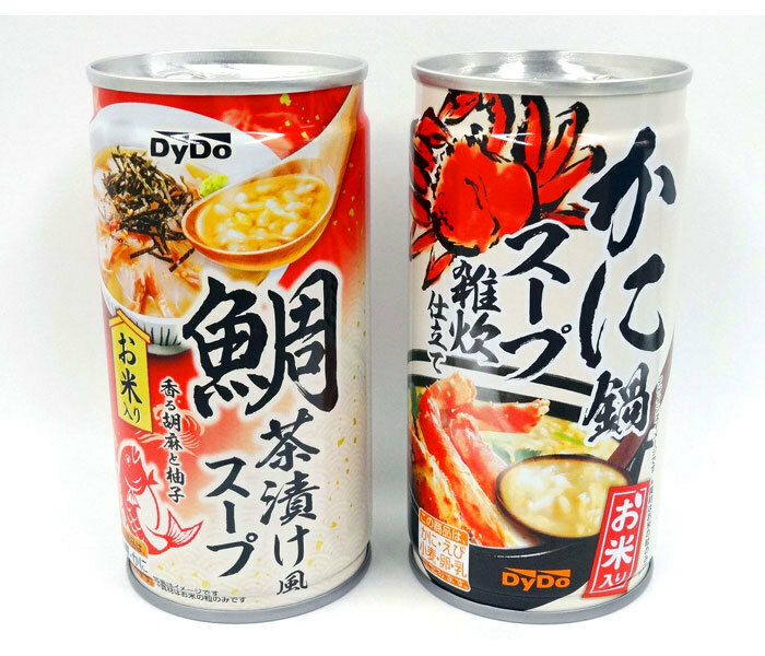 新商品「鯛茶漬け風スープ」㊧。昨年好評の「かに鍋スープ」も販売継続