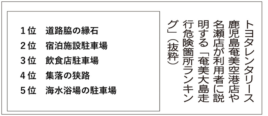 トヨタレンタリース鹿児島奄美空港店や名瀬店が利用者に説明する「奄美大島走行危険箇所ランキング」（抜粋）