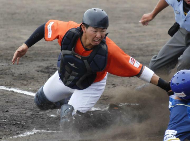 入団4年目の今季、愛媛MPの正捕手として攻守に活躍した矢野＝6月8日、大洲球場