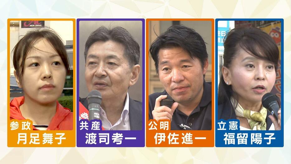 左から参政党の月足舞子さん、日本共産党の渡司考一さん、公明党の伊佐進一さん、立憲民主党の福留陽子さん