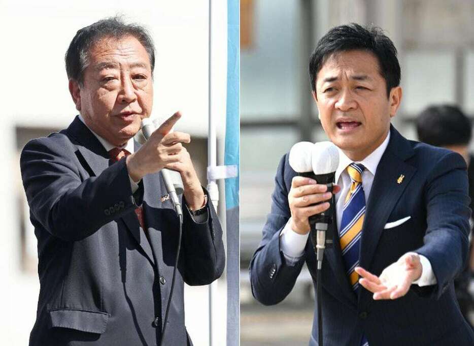 立憲民主党の野田佳彦代表（左、鴨志田拓海撮影）と国民民主党の玉木雄一郎代表（柿平博文撮影）