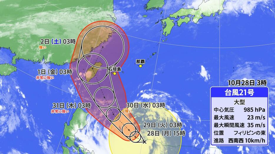 28日(月)午前3時の台風21号の位置と予想進路