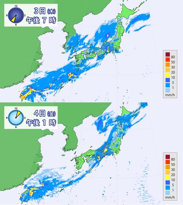 雨の予想（上：きょう3日午後7時、下：あす4日午後1時）。